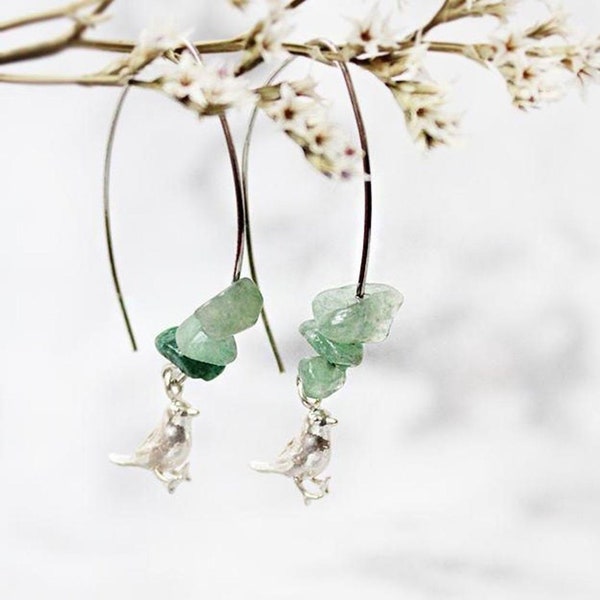 Bird Earrings Jade Jewelry Gift for Daughter - Green Raw Stone Earrings Silver Minimalist Jewelry - Long Boho Earrings Spirit Bird Lover