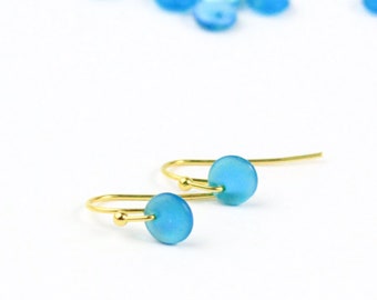 Blue Disc Earrings For Little Girl Gift under 10 Small Dangle Earring Gift for her Minimalist Jewelry 24K Gold, Everyday Jewelry Beach Party