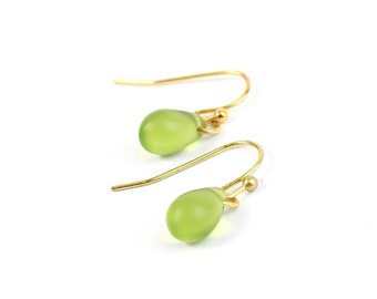 Gold Dangle Earrings for Girlfriend - Everyday Green Earrings for Her - Green Jewelry Gift Daughter - Simple Earrings Emerald Teardrop Mini