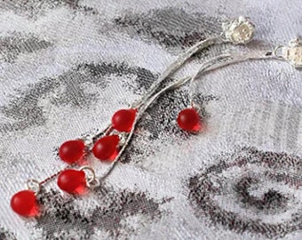 Red Stud Earrings - Dangle Studs Silver - Bright Red Jewelry Elegant Ruby Red Earrings - Unusual Long Jewelry for Women Birthday Gifts Sale