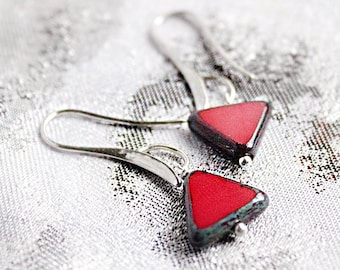 Asymmetric earrings Silver - Red Jewelry Geometrical - Unusual Earrings - Jewelry for Girlfriend - Gift for Wife - Gift Under 30, Dangle Ear