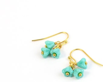 Mini Flower Turquoise Birthstone Earrings 14k Gold Jewelry - Small Petit Earrings Gifts for Grandma Gift - Mom Birthday Gift - Drop Earrings
