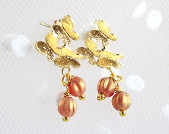 Golden Red Jewelry 18 K Gold Earrings Bridesmaid Gift  Art Novelty Jewelry for Woman Gift - Small Glass Drop Earrings Miniature Butterfly 21