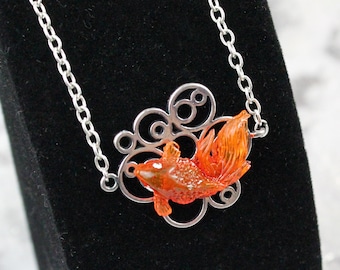 Redfish Necklace Silver Orange Resin Jewelry Asymmetric - Figurine Necklace for Women Gifts Minimalist Sea Jewelry Funky Miniature Goldfish
