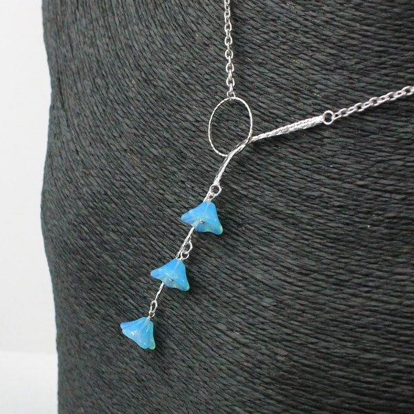Drop Long Necklace for Women - Y Lariat Large - Dainty Necklace Gift For Her - Elegant Blue Flower Necklace Modern Jewelry Sale Unique Gift
