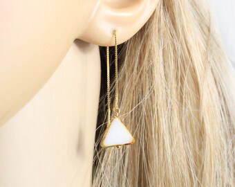 Womens Gold-Tone-Color Triangle Plate Chains White Beige Bead Hook Earrings 1471