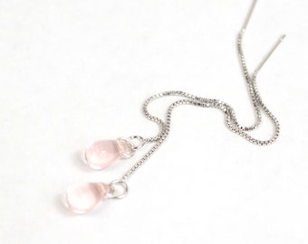Light Pink Jewelry Silver Threader Earrings Sale - Glass Water Drop Jewelry for Women Gift 18th Birthday for Friend - Weddings Earrings Long