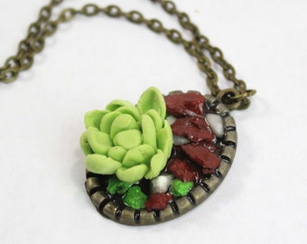 tiny succulent necklace polymer clay - bronze pendants raw stone - green brown jewelry present for grandma - 21st birthday gift for her