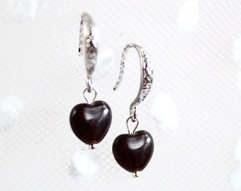 Crimson Heart Earrings – Czech Glass, Silver Tone Hooks