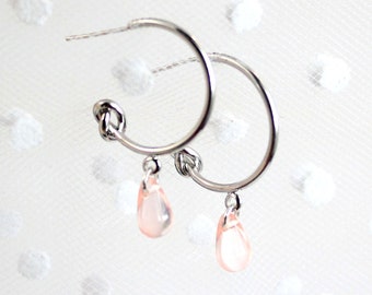 Pink Teardrop Hoop Earrings, Sterling Silver Plated Knot, Geometric Jewelry