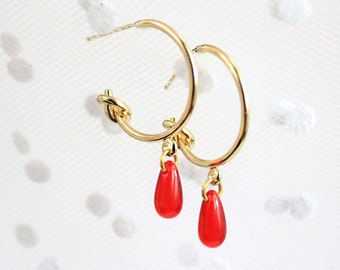 Red Glass Teardrop Earrings – 14K Gold Plated Studs