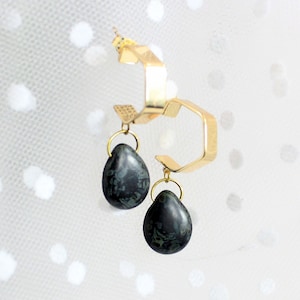 Grey Marble Jewelry Hoop Stud Earrings - Original Jewelry 18K Gold Drop Earrings Geometric Jewelry Gift for Her - Hexagon Black Jewelry