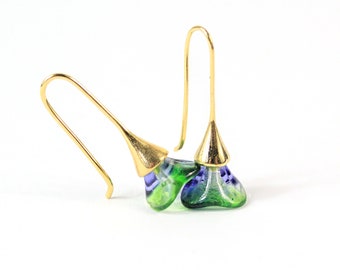 Green Blue Earrings - Green Purple Mardi Gras - Botanical Jewelry Prom - Pre Teen Gift - Elven Modern Ear Gold - Gift for School Friend