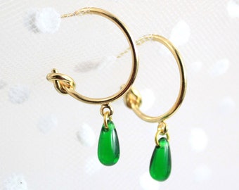 Emerald Green Czech Glass Drop Earrings, 14K Gold Plated Open Circle Studs