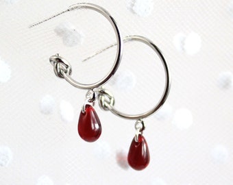 Ruby Red Stud Earrings Geometrical Jewelry Open Circle Stud - Teardrop Glass Earring Drop Stud Present for Grandma 60th Birthday Gift Women