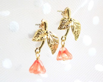 Pink Earrings 18 K Gold Branch With Leaves Studs Modern Jewelry Art Drop Earrings Peach Glass Jewelry Friend Gift - Fashion Ear Push Present