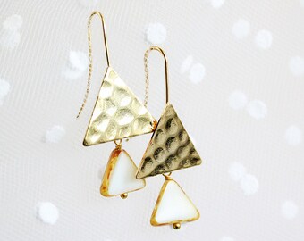 Geometric Jewelry White Earrings - 18K Gold Arrow Earrings Unusual Triangle Jewelry - Cluster Earrings Statement Jewelry - Push Present 21