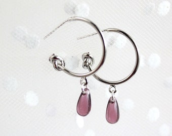Glass Purple Jewelry Knot Silver Stud Earrings - Modern Jewelry Drop Studs Present Friend Gift - Fashion Ear Art Deko - Funky Earrings Hoops