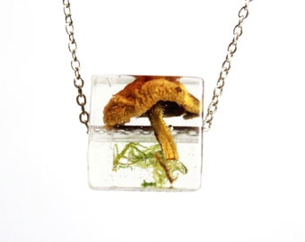 real forests green moss necklace - small brown mushroom jewelry for sister birthday gift friends natural pendant modern resin cube terrarium