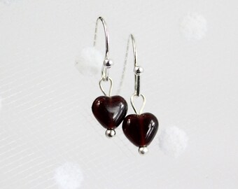 Heart Earrings for Daughter Gift - Dark Crimson Jewelry Valentine's Day Gifts - Sterling Silver Drop Earrings - Small Simple Earring for Her