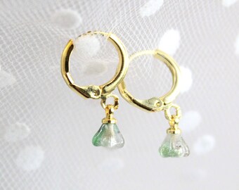 14 k Gold Small Loop Earrings Green Mix Glass Jewelry for Little Sister, Gift for Her - Elegant, Drop Circle Earrings Present for Girlfriend