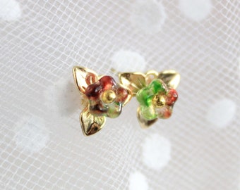 Red Green Stud Earrings Tiny Gold Jewelry Present for Grandma - Miniature Flower Stud Glass Jewelry Birthday Gifts Dainty Everyday Earrings