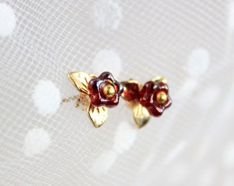 Ruby Red Stud Earrings Tiny 18 K Gold Jewelry for Her Miniature Flower Stud Glass Jewelry 23 Birthday Gift Small Earring For Bridesmaid Gift