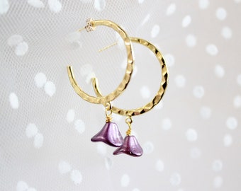 Satin Purple Lavander Gold Hammered Loop Open Circle Stud Novelty Earrings - Push Present - Minimalist Prom and Bridal Jewelry
