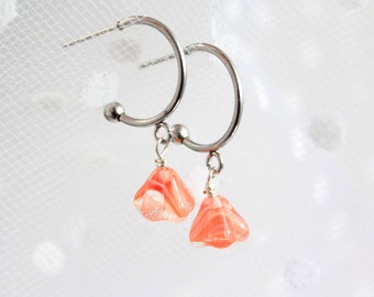 Pink Earrings Stainless Steel Hook Minimalist Original Jewelry for Her - Peach Blossom Studs - Mini Drop Earrings For Women 30 Birthday Gift