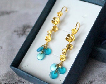 Blue Earrings Gold - Dangles Flower Climbers - Boho Jewelry Golden Earrings Gifts for Her - Teal Summer Jewelry Bohemian Drop Earrings Sale