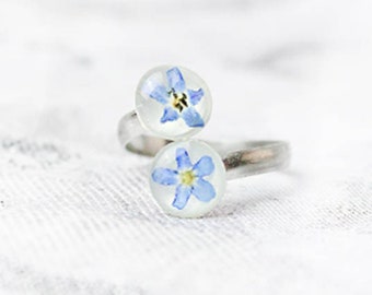 sky blue ring double ring band flower jewelry for mom statement natural flowers forget me not spiral ring gift ъ7