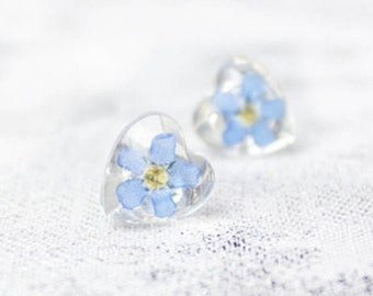 Blue small jewelry for mother - Forget me not earring real - forget-me-not botanical resin heart studs earrings for daughter - Gift under 20