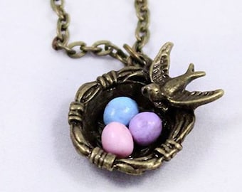 Mothers Day gift - Birds Nest Necklace For Mom - Gift For Wife New Mom - Gift for Her - Color Eggs Jewelry Sale Blue Bronze Gift for Grandma