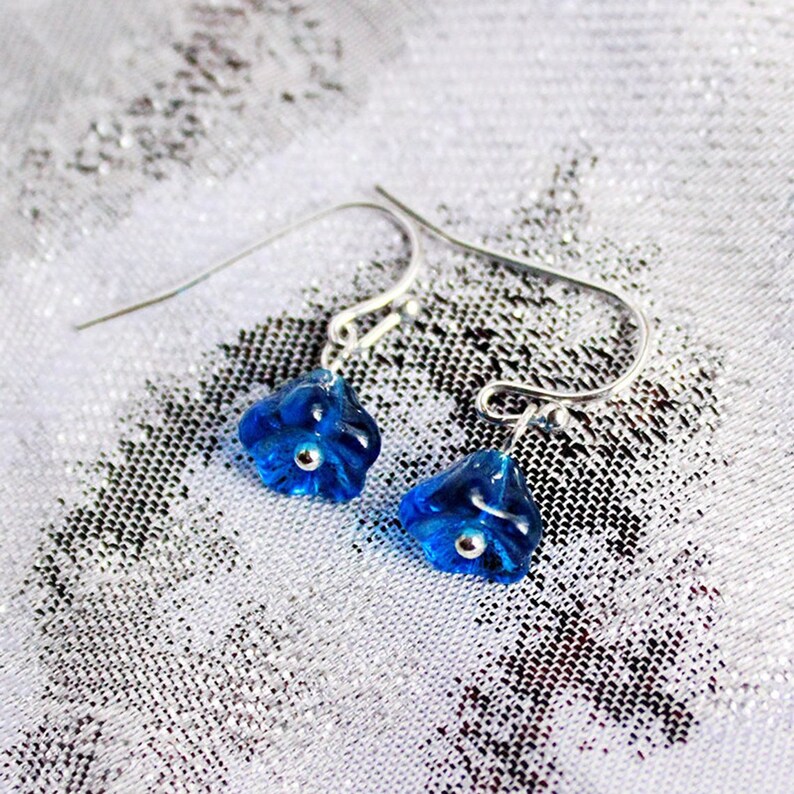 Dark blue earrings for daughter gift Sterling silver drop jewelry Small simple earrings for her gifts Everyday flower dangle earrings 7 Bright Blue