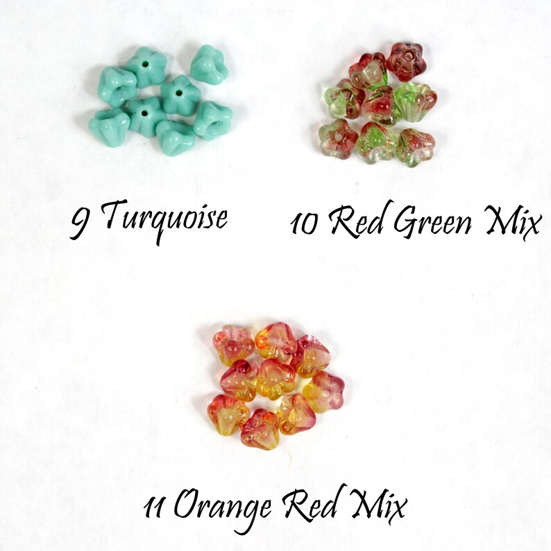 May include: Three groups of flower-shaped beads in turquoise, red-green mix, and orange-red mix. The text on the image reads "9 Turquoise", "10 Red Green Mix", and "11 Orange Red Mix".
