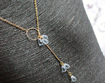 Gold Ring Necklace, Light Blue Jewelry For Bridal, Shoulder Jewelry Y Lariat Necklace, Open Back Long Statement Necklace Gift for Girlfriend