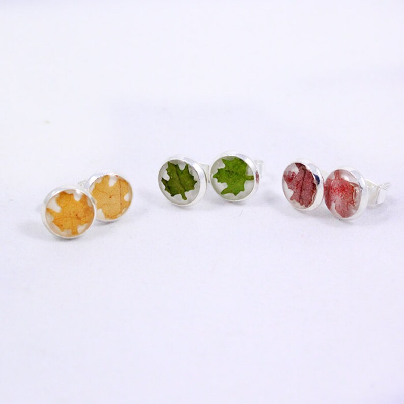 yellow stud earrings red floral jewelry mini gift for her nature green leaves gift for girlfriend maple jewelry gift friend tiny terrarium