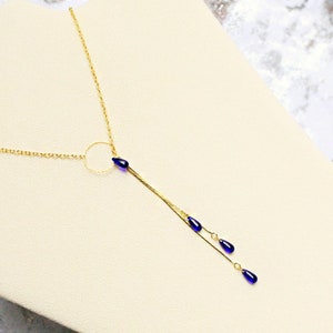 Cobalt gold lanyard Royal blue necklace Luxury tassel necklace Ring drop jewelry for women birthday gift for wife Long necklace CVB04 image 3