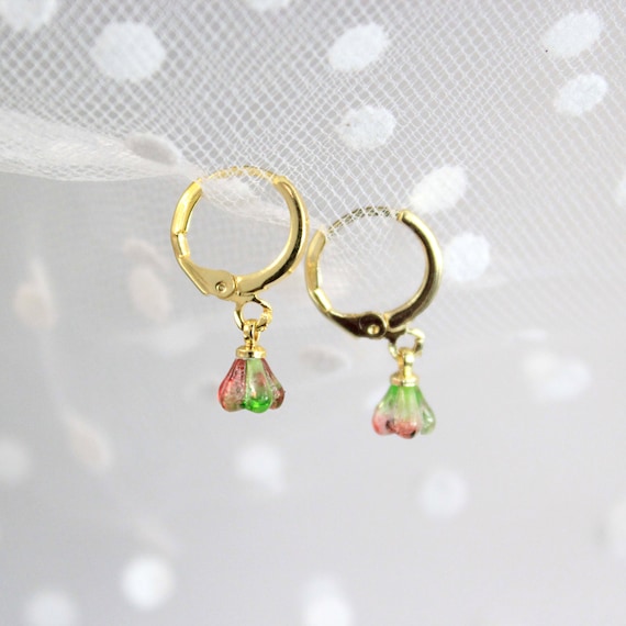 14 K Gold Small Loop Earrings Under 15, Red Green Glass  display picture 1
