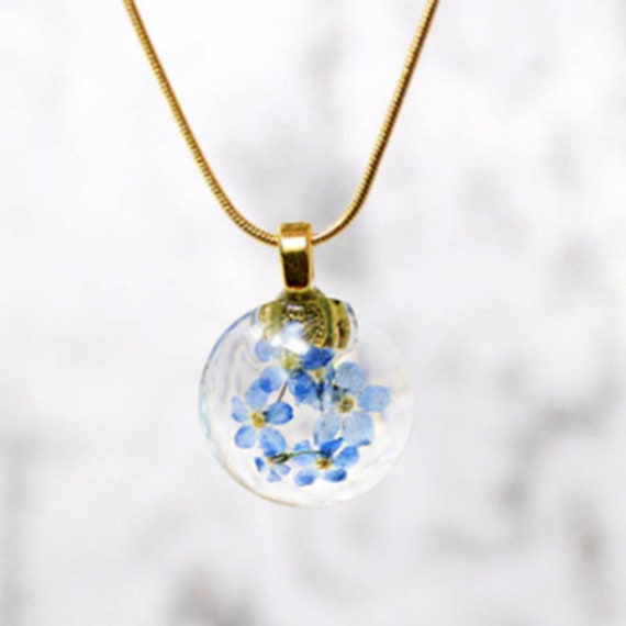 Handmade Blue flowers Floral gift Real pressed blue petals in gold circle pendant with chain Resin Pressed flower Cornflower necklace