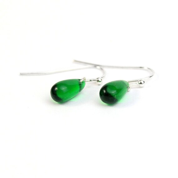 Dark Green Teardrop Earrings - Emerald Earrings for Women Simple Jewelry for Her Sterling Silver Mini Earrings for Sister - 40 Birthday Gift