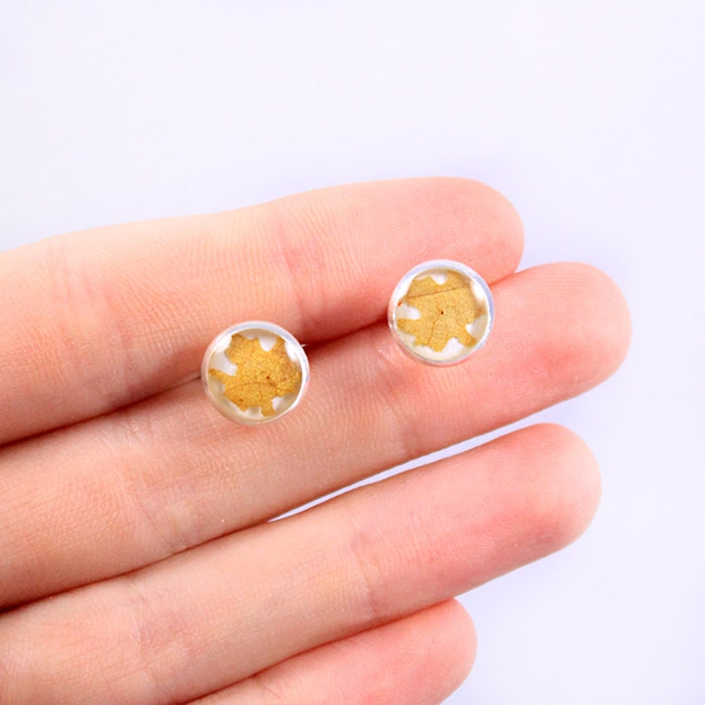 yellow stud earrings red floral jewelry mini gift for her nature green leaves gift for girlfriend maple jewelry gift friend tiny terrarium