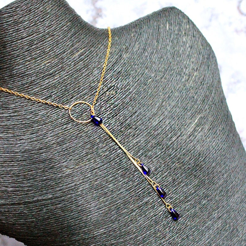 Cobalt gold lanyard Royal blue necklace Luxury tassel necklace Ring drop jewelry for women birthday gift for wife Long necklace CVB04 image 1