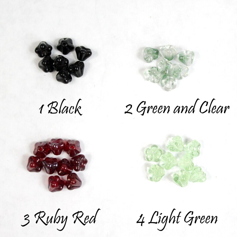 May include: Four groups of flower-shaped beads in black, green and clear, ruby red, and light green. The image includes the text "1 Black", "2 Green and Clear", "3 Ruby Red", and "4 Light Green".