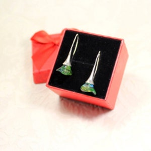 May include: A pair of silver earrings with green and blue iridescent glass flowers in a red gift box.