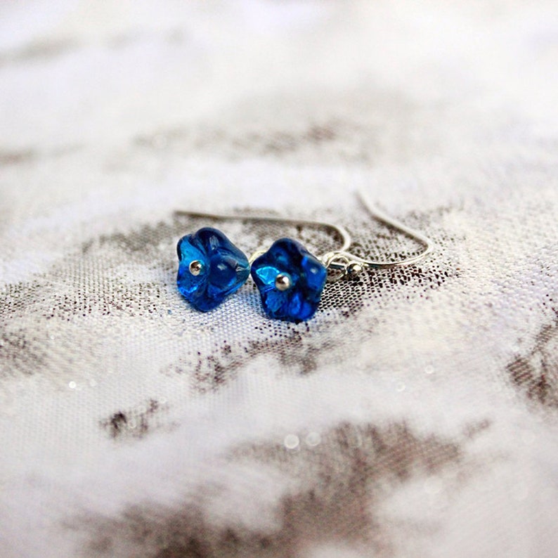 Dark blue earrings for daughter gift Sterling silver drop jewelry Small simple earrings for her gifts Everyday flower dangle earrings image 1