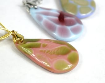 Cheery Blue Teardrop Pendant - Mixed Colors Mosaic Jewelry - Pink Blue Drop Necklaces Silver Green Blue Jewelry - Pink Green Necklaces Gift