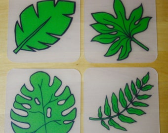 Hand printed Leaf Design Coasters made from upcycled polypropylene | reuse | recycle | monstera | fern | banana | maple | leaf | green