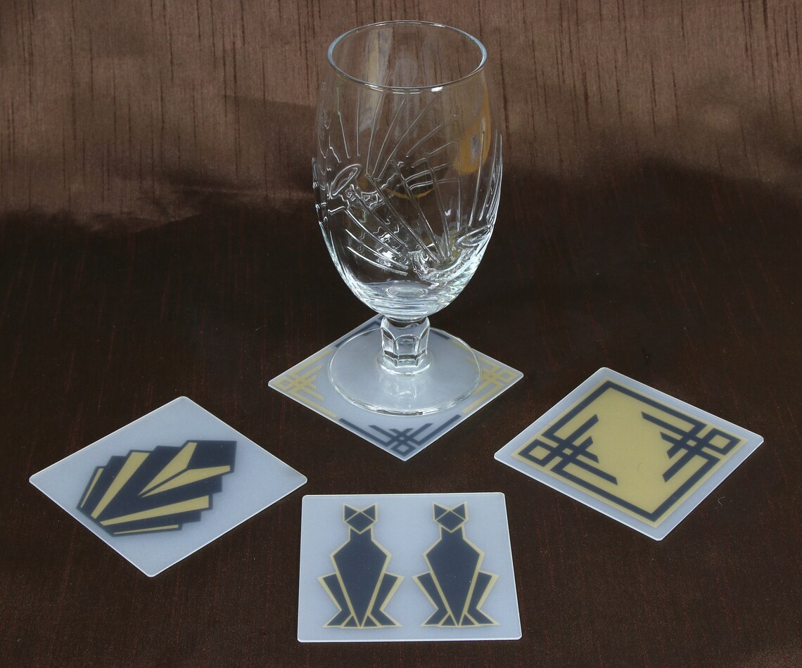Hand Printed Art Deco Coasters Black & Gold Set of Four Etsy