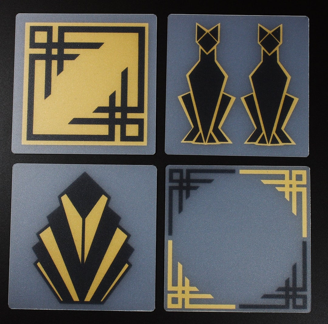 Hand Printed Art Deco Coasters Black & Gold, Set of Four 2514 Reused